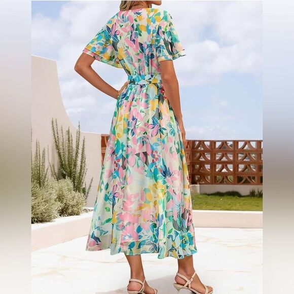 Summer Floral V Neck Midi Dress Boho - Picture 2 of 3